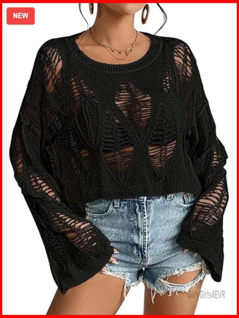 Oversized Punk Goth Sweater Long Bell Sleeve Knit Crop Top